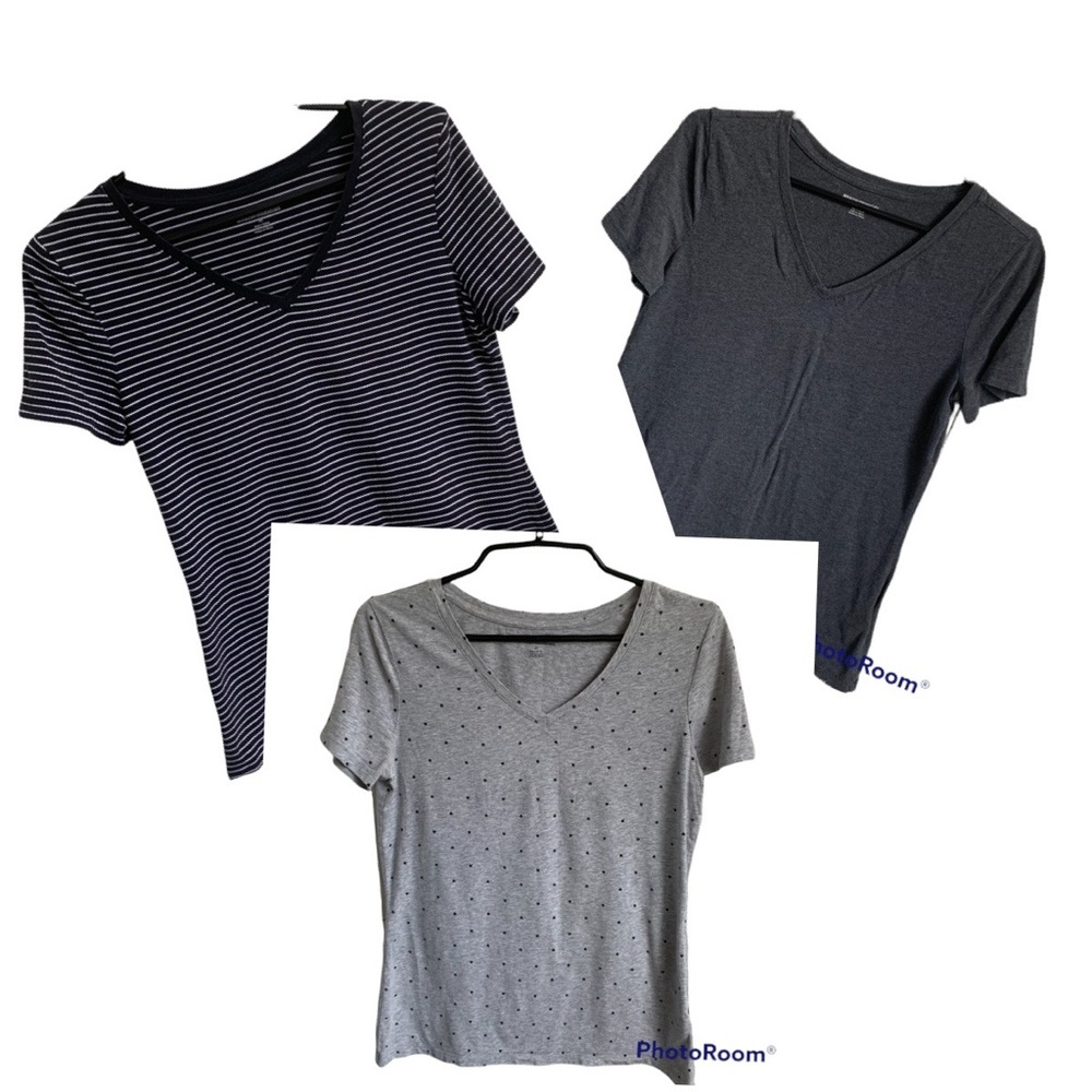 3 Amazon Essentials Tees Gray Hearts, Stripes, Solid SZ M